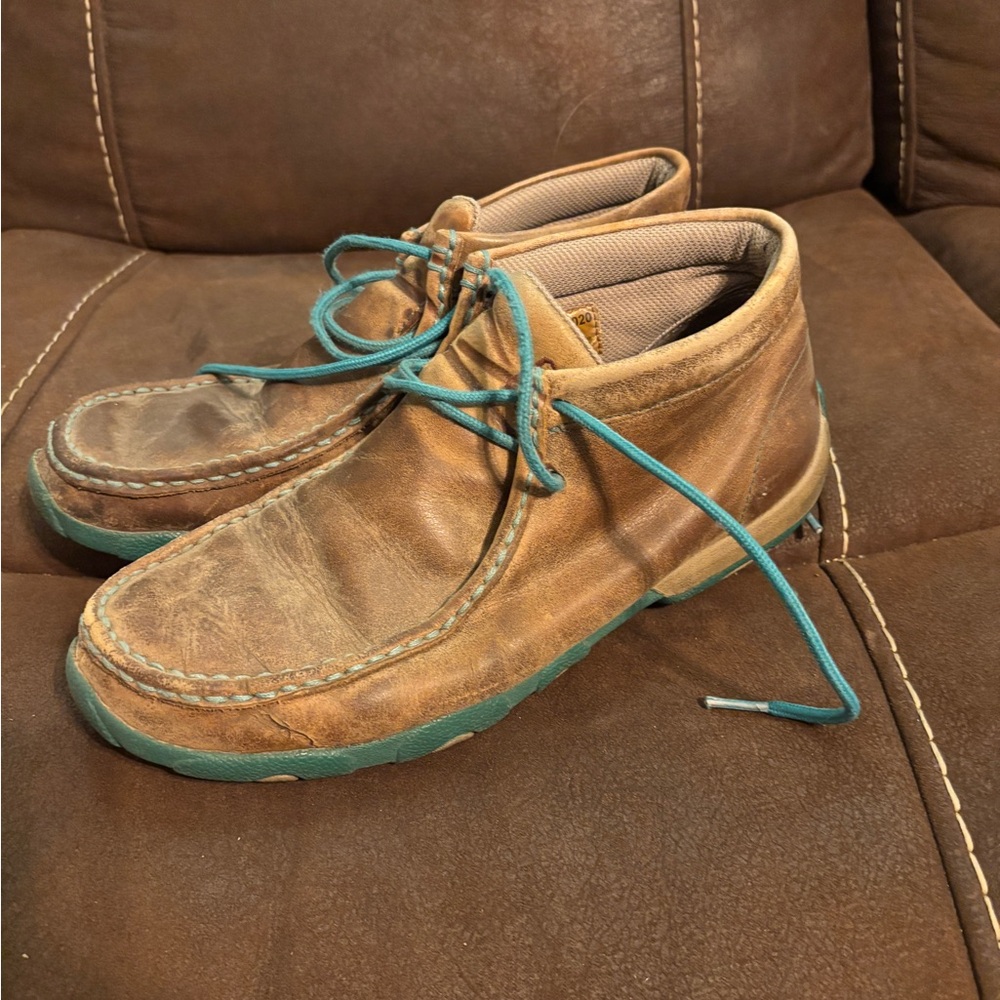 Women’s twisted x Brown Leather Shoes with Teal Accents driving moccasin